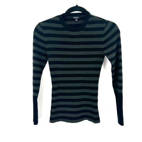 Minnie Rose Tops - MINNIE ROSE Green Black Striped Ribbed Crew Neck Long Sleeve Top Size Small